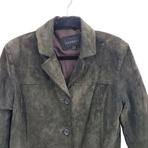 Vintage Express Leather Jacket Shacket Notched Collar Button Down Forest Green M - Picture 8 of 15